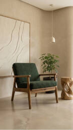 Furniture in a warm minimal interior in beige and wood, warm minimal style